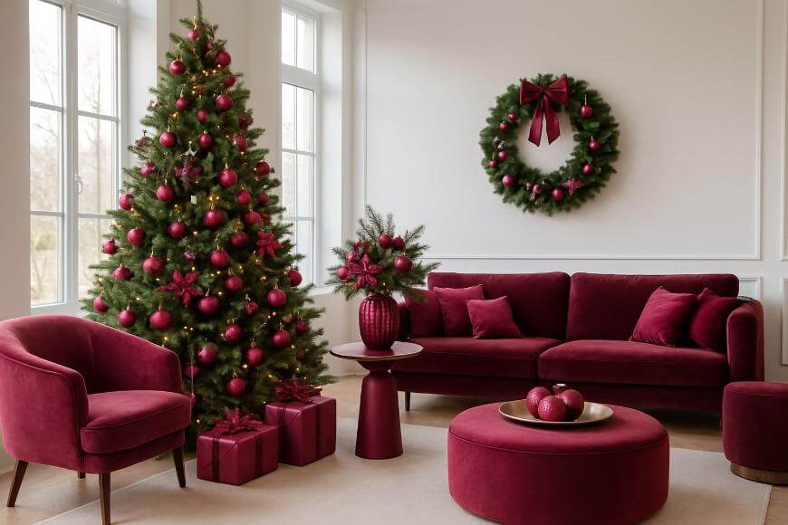 Elegant living room decorated for Christmas with a large tree adorned with red ornaments, matching red gifts, a wreath on the wall, and red velvet furniture including a sofa, armchair, and ottoman.
