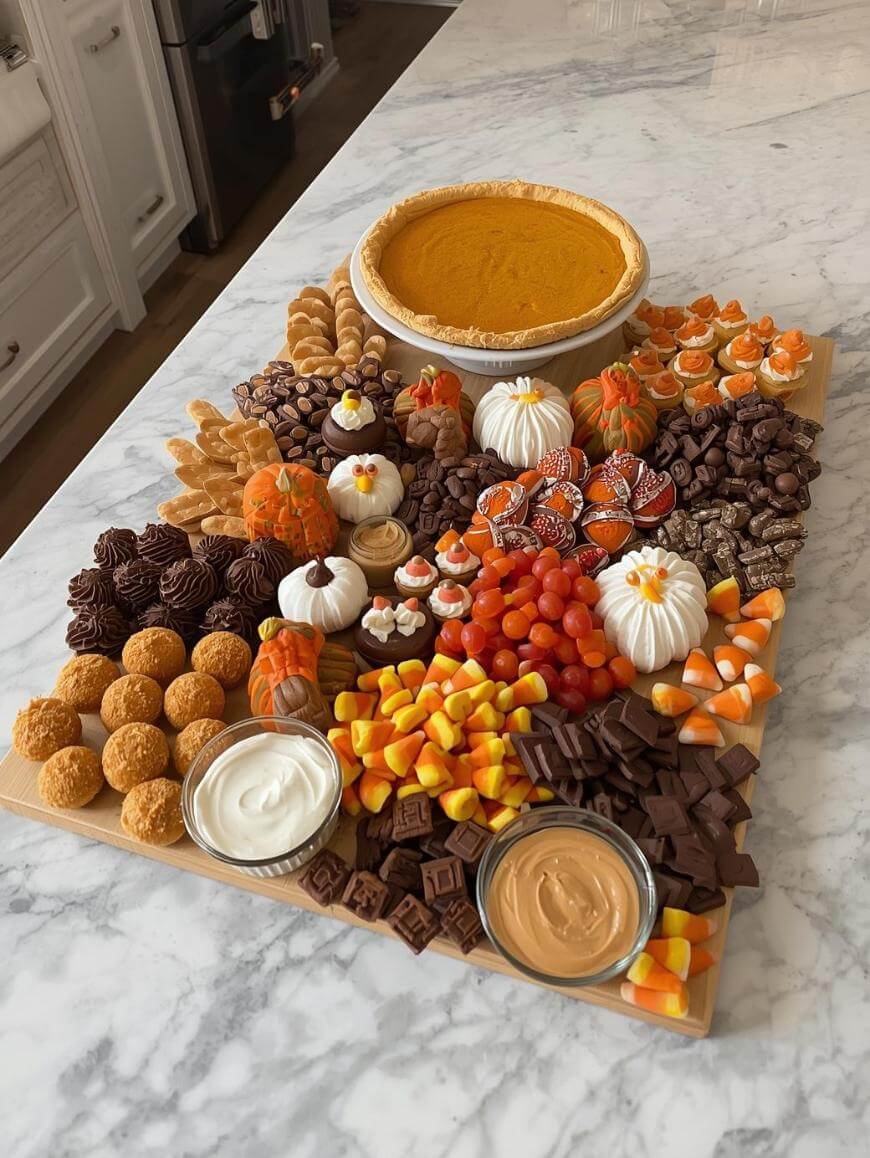 A marble countertop holds a wooden board topped with pumpkin pie, cookies, chocolates, candy corn, dips, cupcakes, and festive treats, arranged in an autumn and Halloween-inspired display.