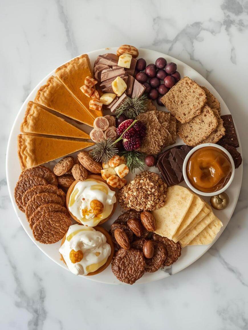 A round platter on a marble surface holds assorted cookies, chocolates, biscuits, thin cake slices, nuts, crackers, caramel dip, and whipped cream-topped desserts, arranged in neat sections.