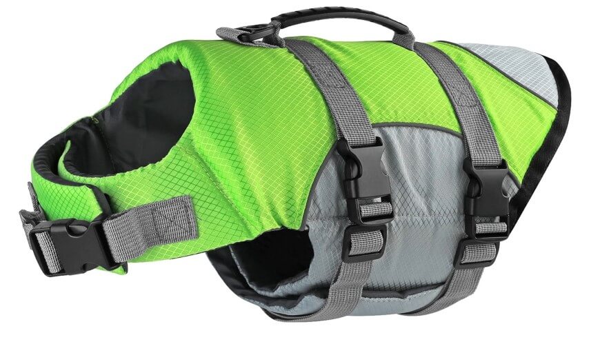 A bright green and gray dog life jacket with black adjustable straps, plastic buckles, a handle on top, and reinforced stitching, designed for safety during water activities.
