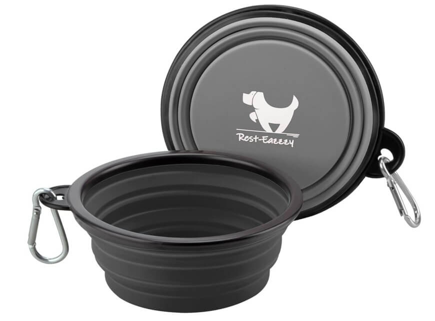 Collapsible gray silicone pet bowl with a carabiner attached, shown open and closed. The lid has a graphic of a dog and the text Rest-Eazzy printed on it.
