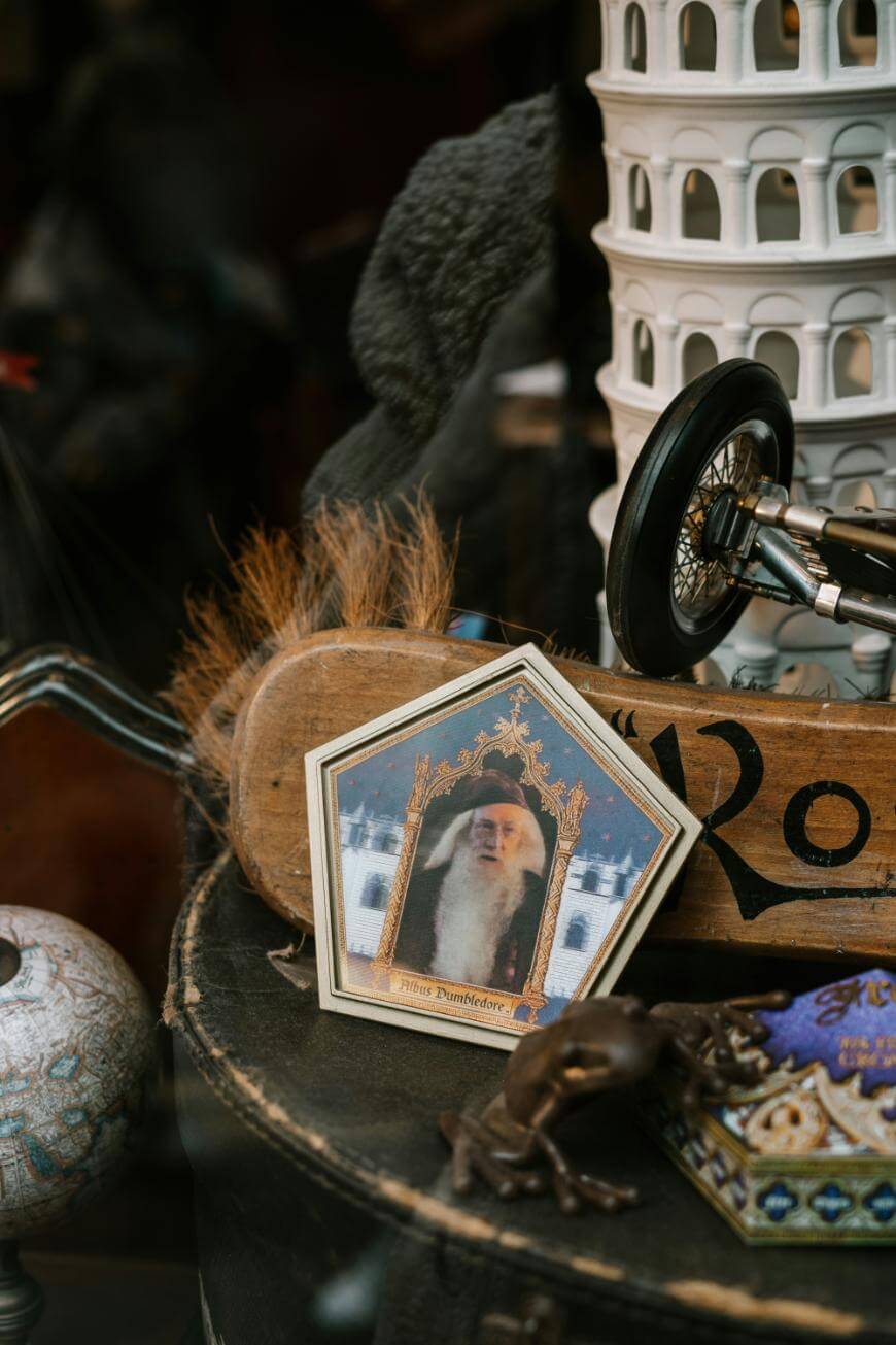 A framed photo of a bearded man in a pentagon-shaped frame sits on a table with a toy tower, a decorative ball, a skateboard, and a small frog figurine.