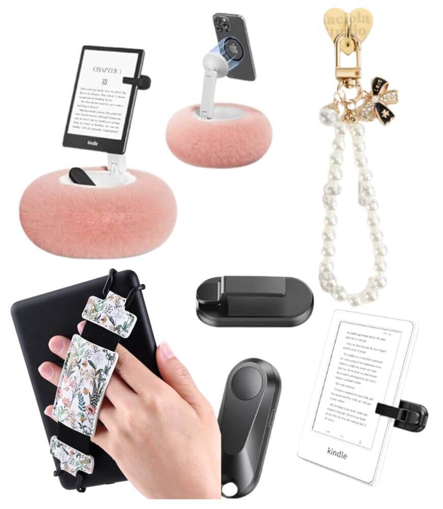 A collage of various Kindle and phone accessories, including pastel and floral holders, a beaded charm strap, a ring grip, a tablet stand, and a pink plush cushion stand for devices.
