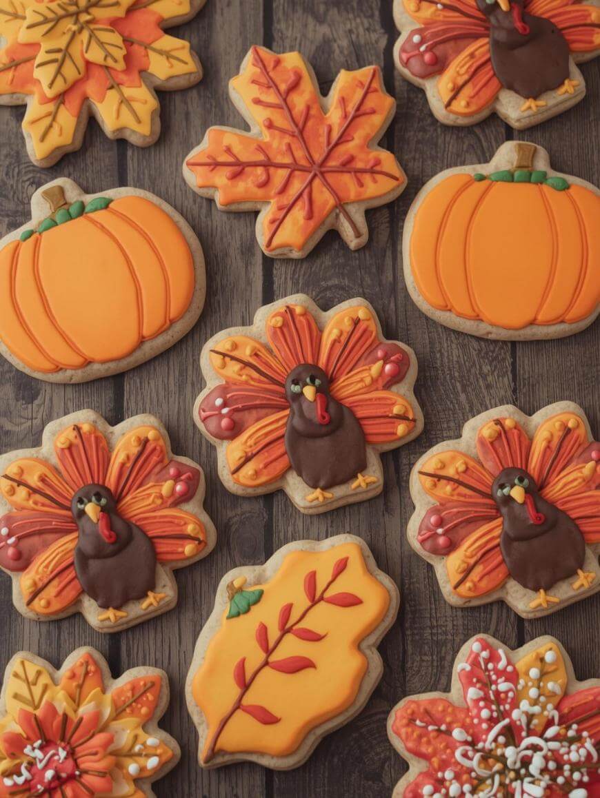 Decorated cookies shaped like pumpkins, autumn leaves, and turkeys, all in orange, yellow, and brown icing, are arranged on a dark wooden surface, creating a festive fall and Thanksgiving theme.