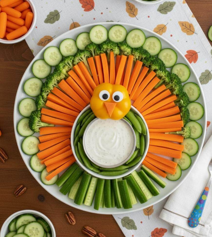 A veggie platter arranged as a turkey, with cucumber and broccoli as tail feathers, carrot and celery sticks as body, and a yellow bell pepper with olive eyes and a carrot beak for the head. Ranch dip is in a bowl in the center.
