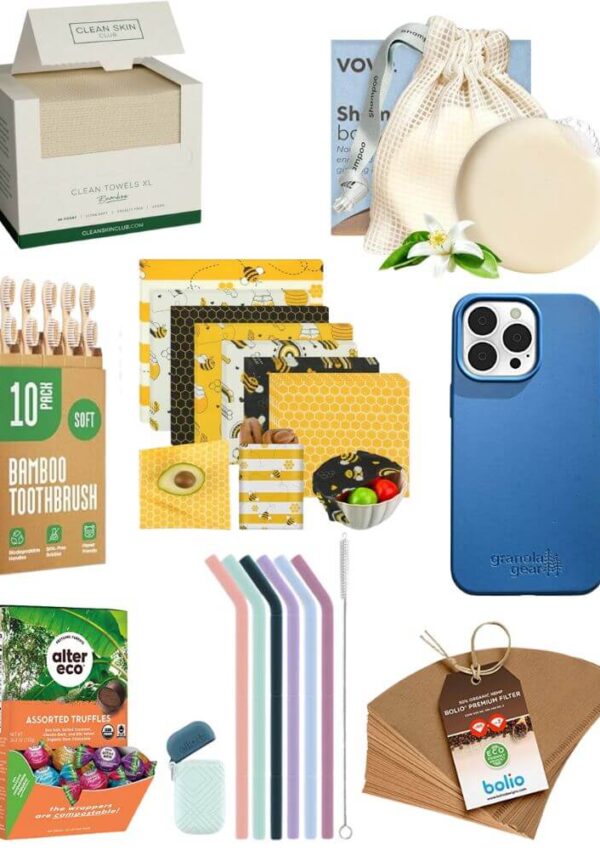 A collection of eco-friendly products including reusable towels, bamboo toothbrushes, beeswax wraps, a bar soap with cloth pouch, blue phone case, reusable straws, chocolate truffles, dental floss, and brown coffee filters.