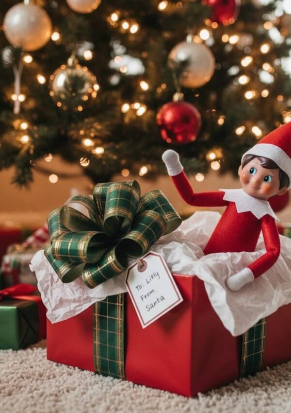 A festive Elf on the Shelf doll sits atop a red gift box with a green plaid bow and a tag reading To: Lily, From: Santa, in front of a decorated Christmas tree with lights and ornaments.