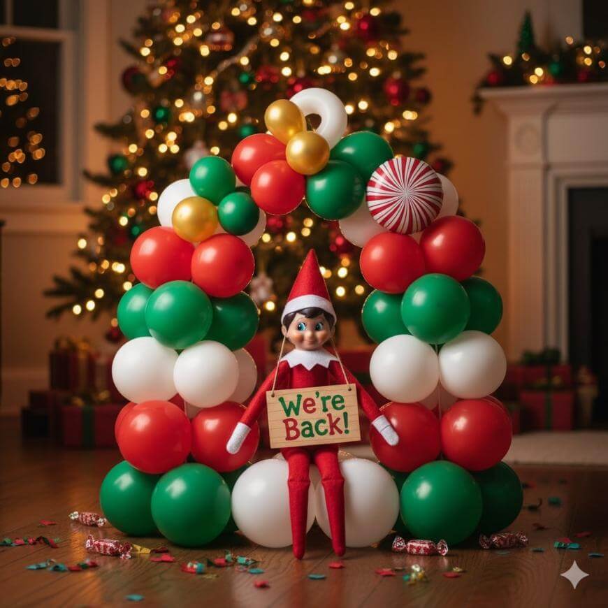 A festive Elf on the Shelf doll sits under an arch made of red, green, and white balloons, holding a sign that says “We’re Back!” A decorated Christmas tree and wrapped gifts are visible in the background.