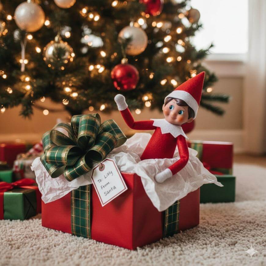 A festive Elf on the Shelf doll sits in tissue paper atop a red gift box with a green plaid ribbon, in front of a lit Christmas tree. A tag on the gift reads “To: Lily, From: Santa.”.