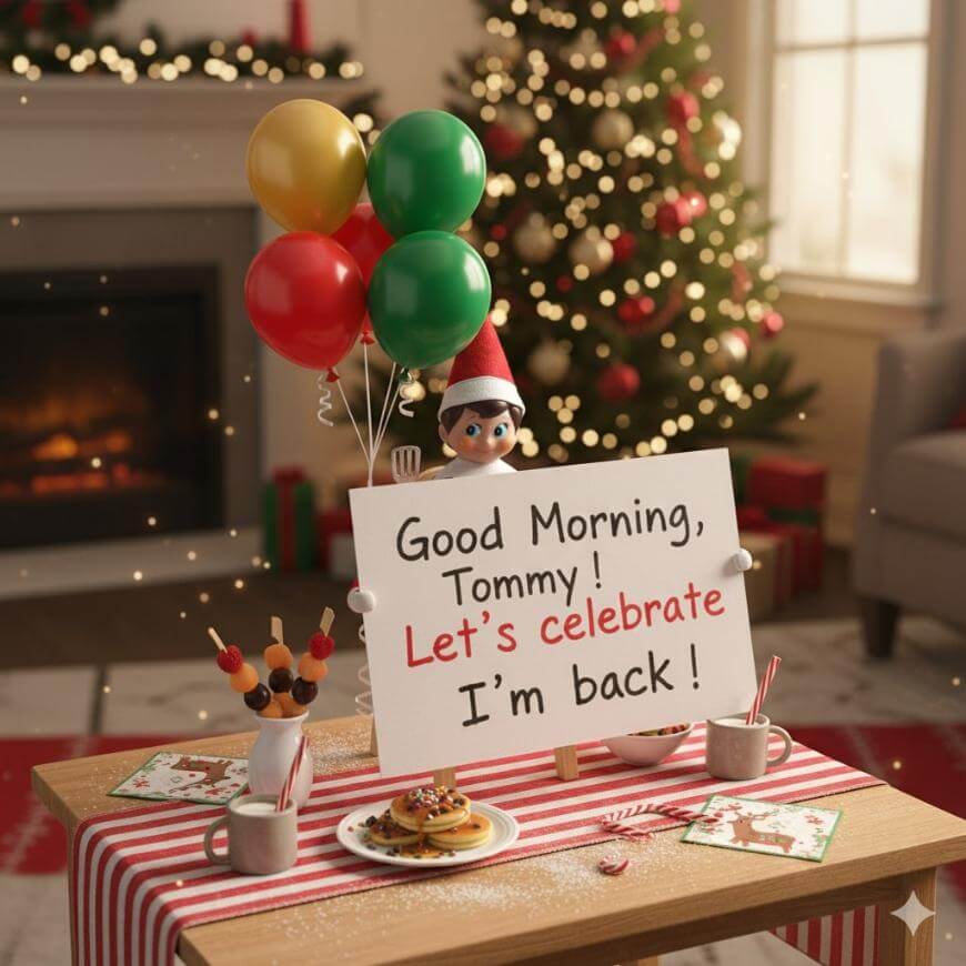 A festive room with a Christmas tree and fireplace. An elf doll holds a sign that says, “Good Morning, Tommy! Let’s celebrate. I’m back!” Balloons and holiday decorations are on the table with cookies and milk.