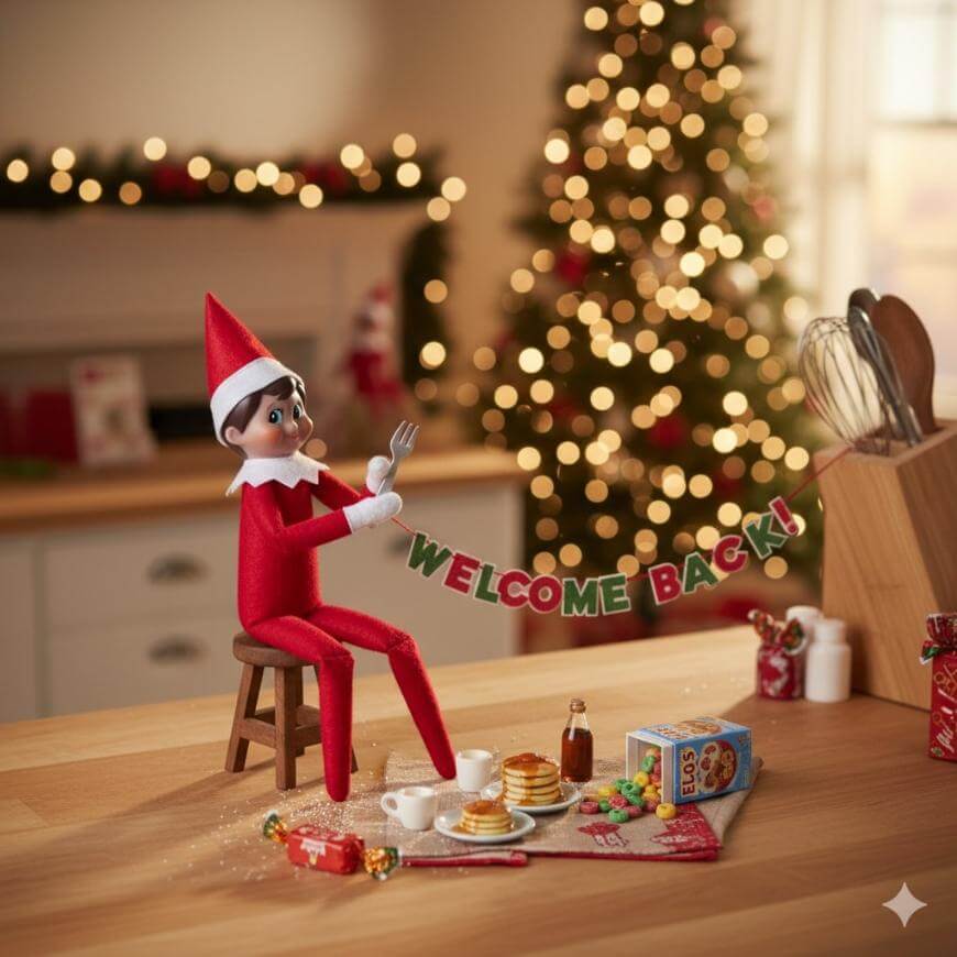 A festive Elf on the Shelf doll sits on a stool in a kitchen, holding a “WELCOME BACK!” banner. In front is a table with pancakes, eggs, and candy. A decorated Christmas tree glows in the background.