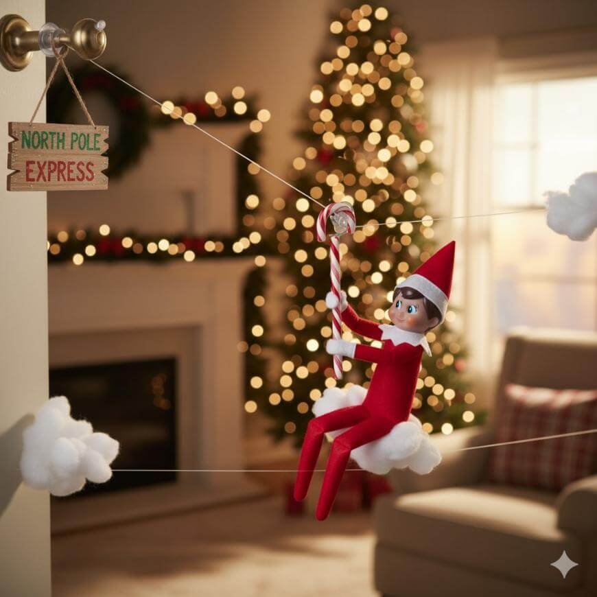 A toy elf in a red outfit swings on a candy cane zipline through fluffy clouds, with a Christmas tree and fireplace in the background. A sign reads North Pole Express. Warm, festive lighting fills the room.