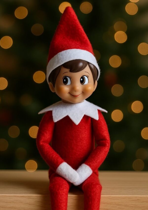 A smiling Elf on the Shelf doll in a red outfit and hat sits on a wooden surface with a blurred Christmas tree and warm lights in the background.