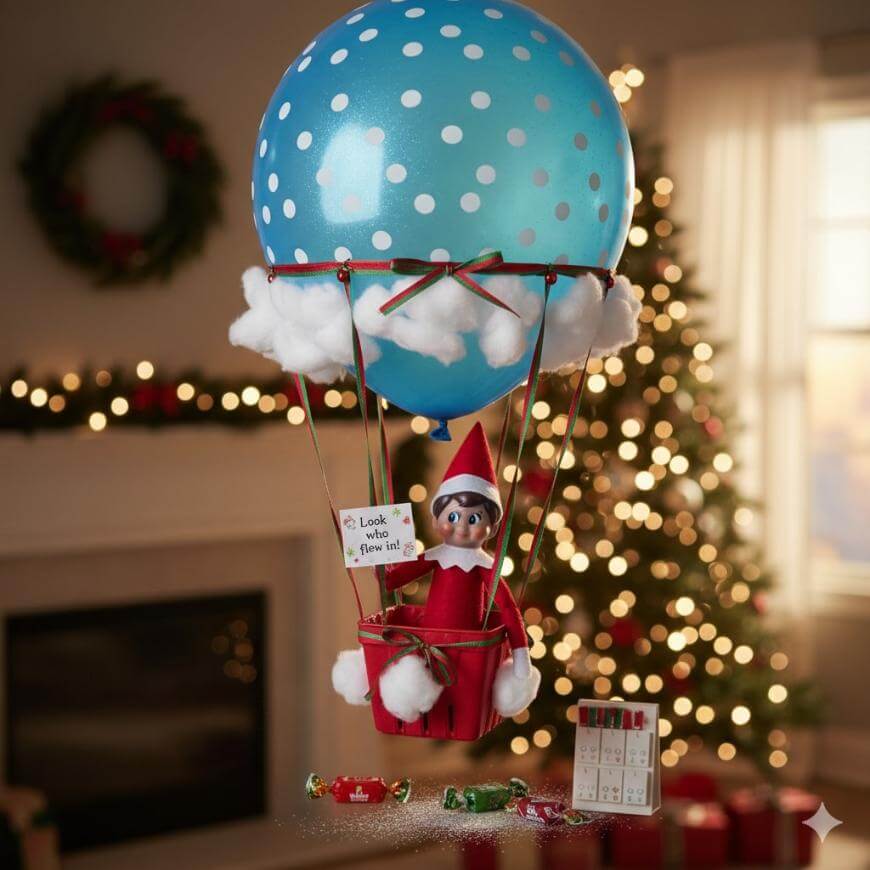A toy elf sits in a hot air balloon made from a blue polka-dotted balloon and a red basket, suspended with string. A sign reads Look who flew in! Christmas decorations and a tree are in the background.