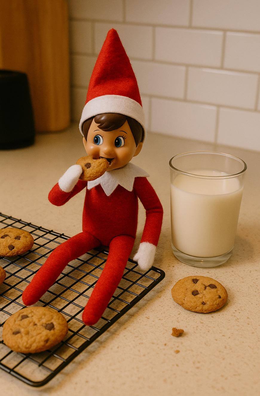 A toy elf in a red outfit sits on a kitchen counter, holding a cookie near its mouth. It is surrounded by chocolate chip cookies on a cooling rack, with a glass of milk nearby. White tile backsplash in the background.
