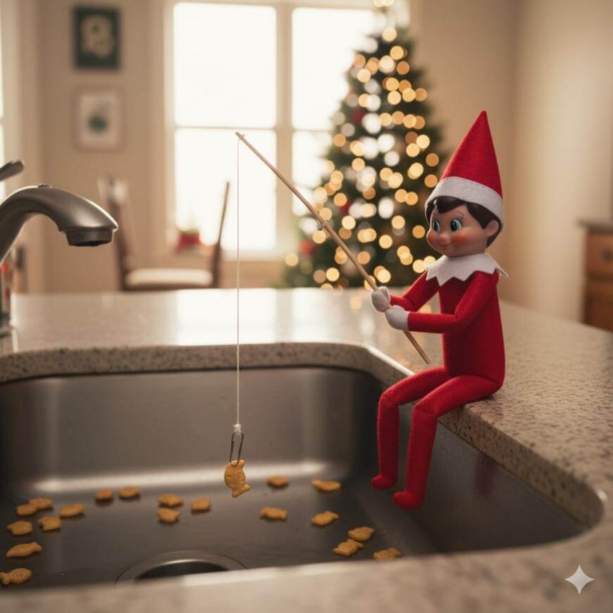 An Elf on the Shelf doll sits on a kitchen counter, fishing for goldfish crackers in the sink. A decorated Christmas tree glows softly in the background.