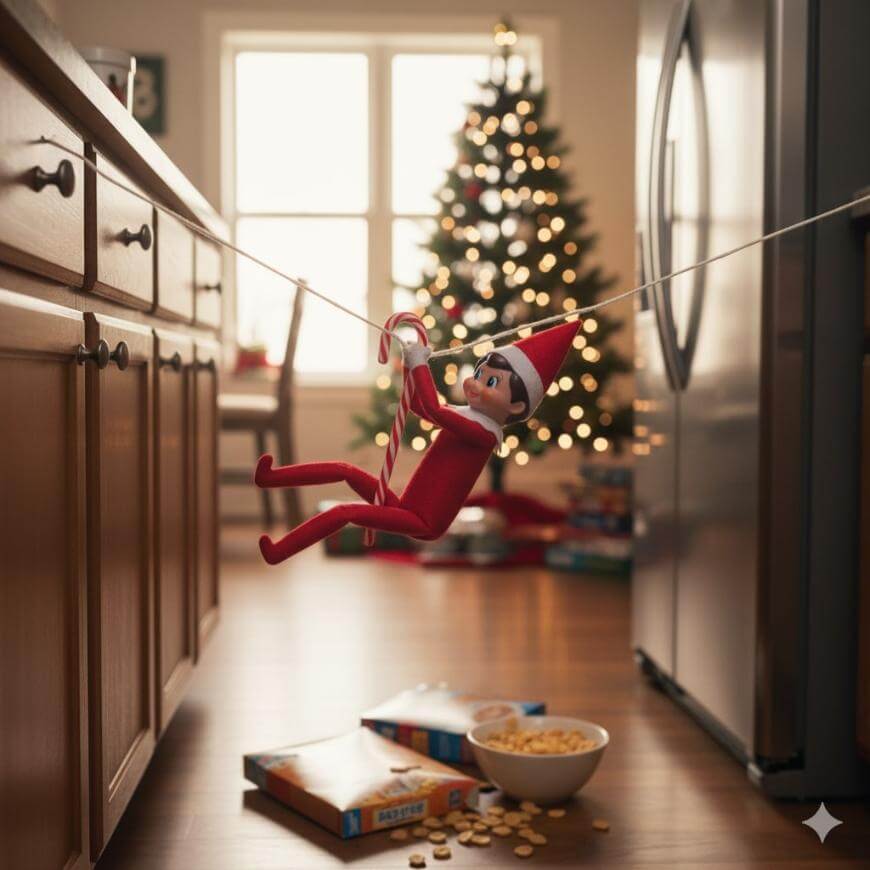 A toy elf dressed in red swings on a string between a kitchen counter and a refrigerator, holding a candy cane. A decorated Christmas tree and gifts are in the background, with cereal boxes and a bowl on the floor.