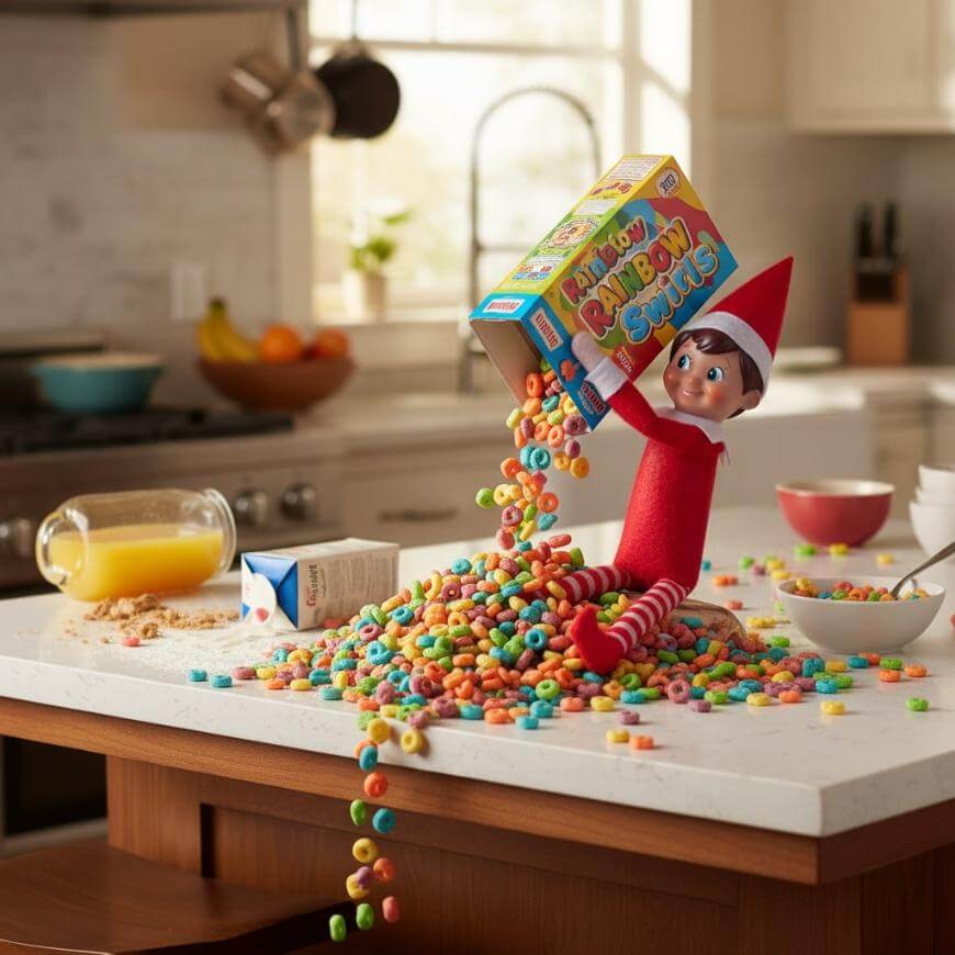 A toy elf sits on a kitchen counter, spilling a box of colorful cereal onto the surface. Spilled milk, orange juice, and fruit are also visible, creating a playful, messy breakfast scene.