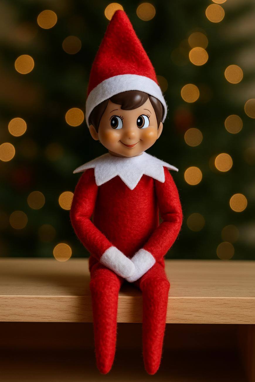 A plush Elf on the Shelf doll in a red and white outfit sits on a wooden surface, with a blurred Christmas tree and warm, glowing lights in the background.