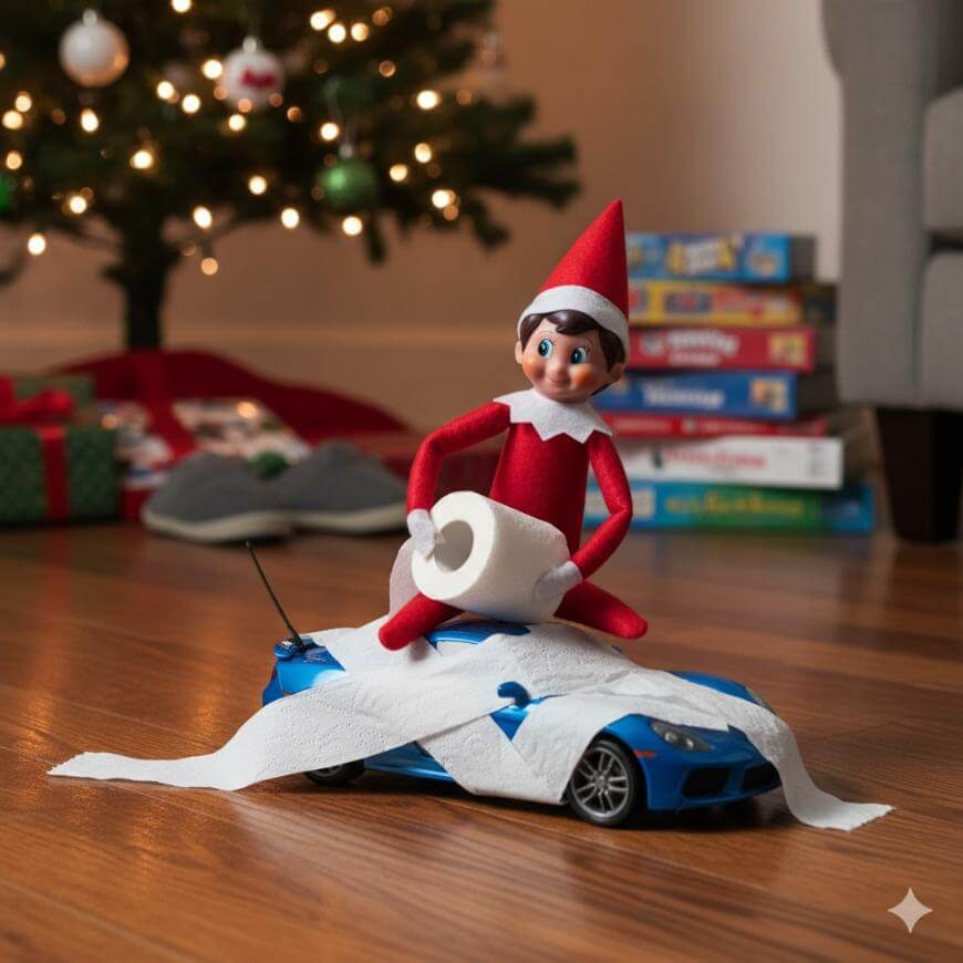 A mischievous Elf on the Shelf toy sits on a blue toy car, holding a roll of toilet paper that’s unrolled over the car. A Christmas tree and board games are in the background.