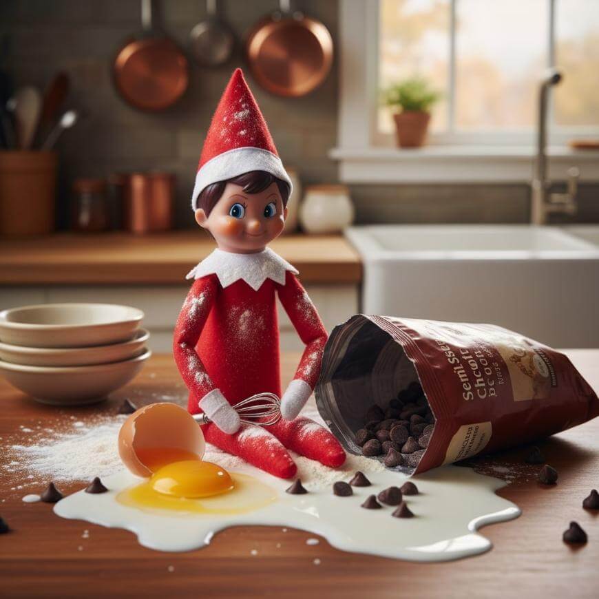 An elf doll in a red outfit sits on a kitchen counter surrounded by spilled flour, a cracked egg, and scattered chocolate chips, creating a playful baking mess.