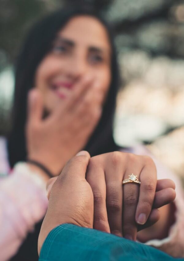 A close-up of a womans left hand wearing an engagement ring, held by another person. The woman is smiling, covering her mouth with her other hand, and appears to be surprised and happy. The background is blurred.