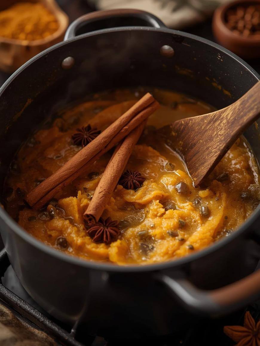 A pot of pumpkin puree cooking on a stove, mixed with star anise, cinnamon sticks, and spices. A wooden spatula rests in the pot, stirring the mixture.