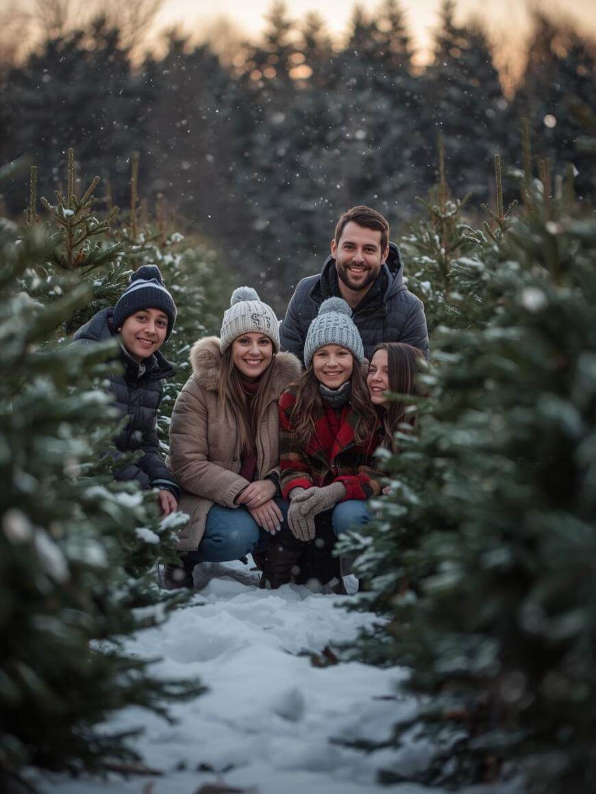 A group of five people, bundled in winter clothes, smile and pose among snow-covered evergreen trees outdoors. The sun is setting behind a forest in the background.