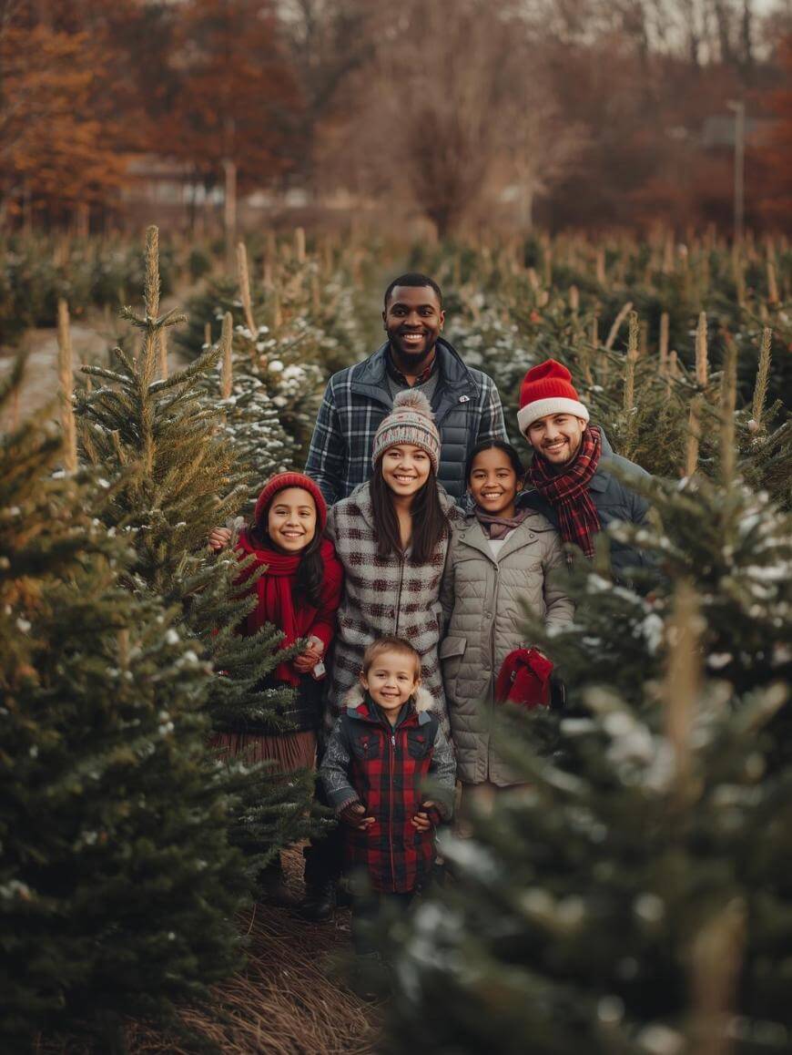 A group of six people, including adults and children, smile while standing together among rows of evergreen trees outdoors in winter, wearing warm clothing and hats.