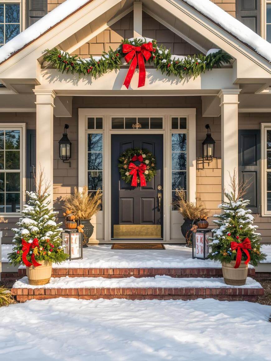 A house entrance decorated for Christmas with a wreath on the door, red bows, garlands, two small evergreen trees in pots, and snow covering the steps and ground.