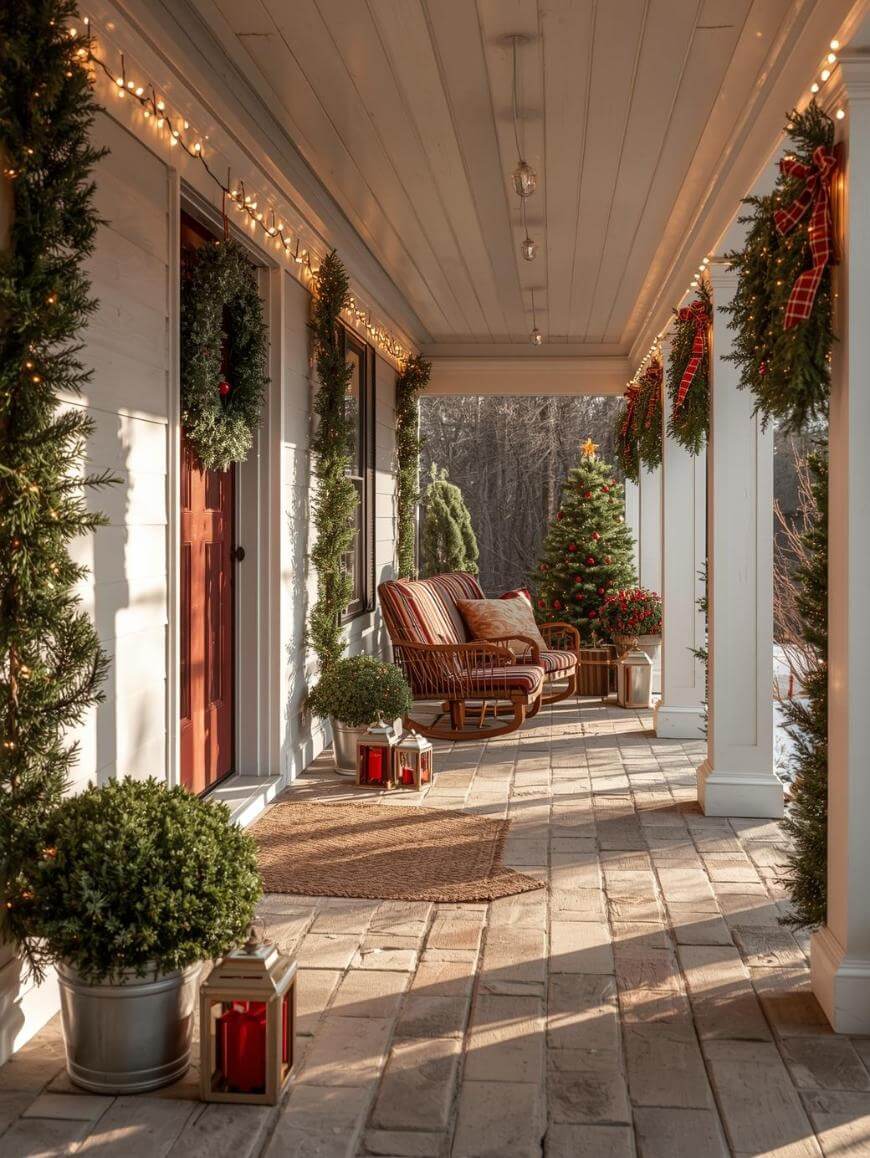 A festive front porch decorated for Christmas with garlands, wreaths, string lights, potted plants, red lanterns, a Christmas tree, and cozy seating with striped cushions in the warm glow of afternoon sunlight.