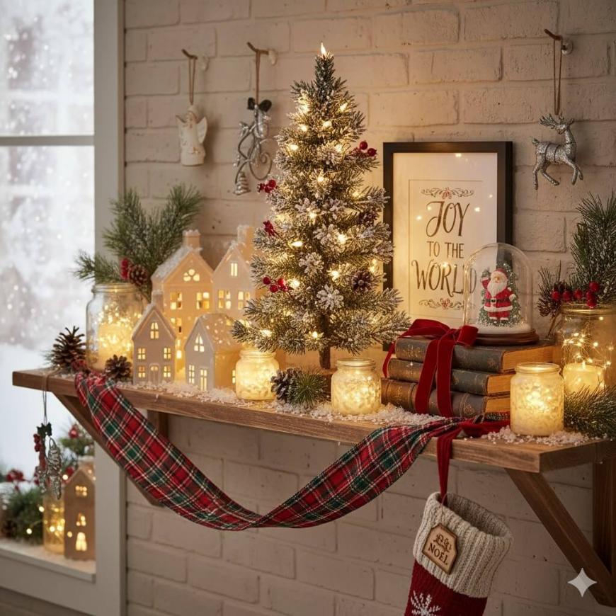 A decorated shelf with a lit mini Christmas tree, glowing fairy lights in jars, festive ornaments, books, holiday houses, and a framed Joy to the World sign, set against a brick wall with a red plaid ribbon and stockings.