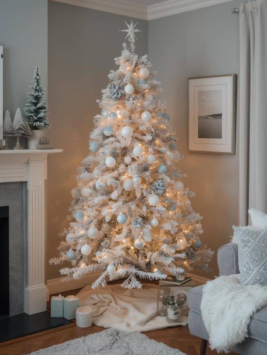 A white Christmas tree decorated with white and blue ornaments and warm lights stands in a cozy living room beside a fireplace. Wrapped gifts sit underneath, and the room features soft furnishings in neutral tones.