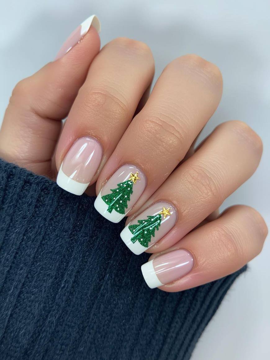 A hand with French manicure nails, where the ring and middle fingers feature green Christmas tree designs with gold stars on top. The person is wearing a dark blue sweater.
