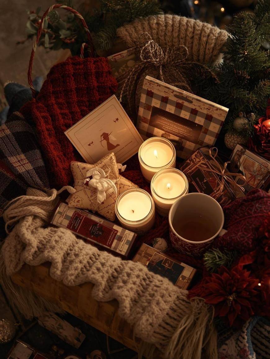 A cozy holiday scene with three lit candles, a mug of tea, knitted blankets, a red scarf, wrapped gifts, a Christmas card, books, and pine branches arranged together in warm ambient lighting.