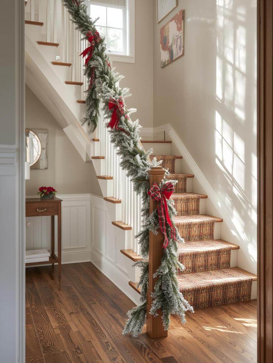 A staircase decorated with snowy garland and red bows winds up through a sunlit, cozy hallway with wooden floors and white walls. Light streams in through a window, casting shadows on the scene.