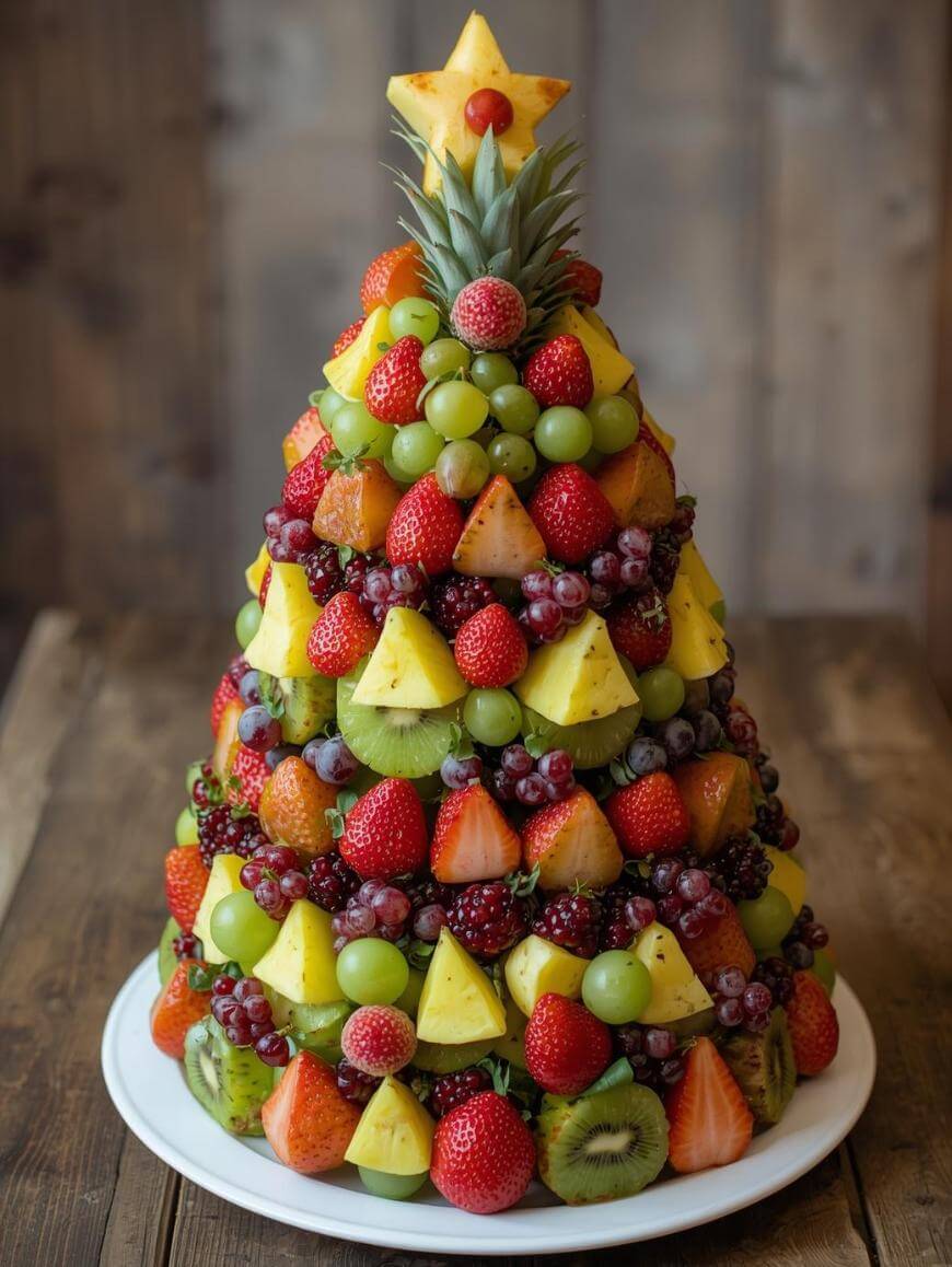 A festive fruit arrangement shaped like a Christmas tree, featuring strawberries, grapes, kiwi, pineapple, and other fresh fruits, with a pineapple star on top, displayed on a white plate and wooden surface.