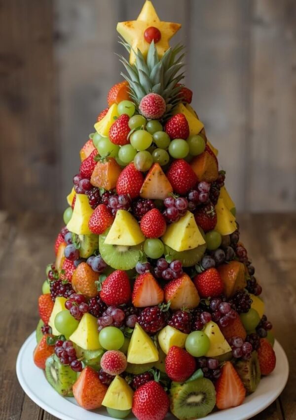 A large, Christmas tree-shaped arrangement of assorted fresh fruits including pineapple, strawberries, grapes, kiwi, and melon, topped with a pineapple star, sits on a white plate against a wooden background.