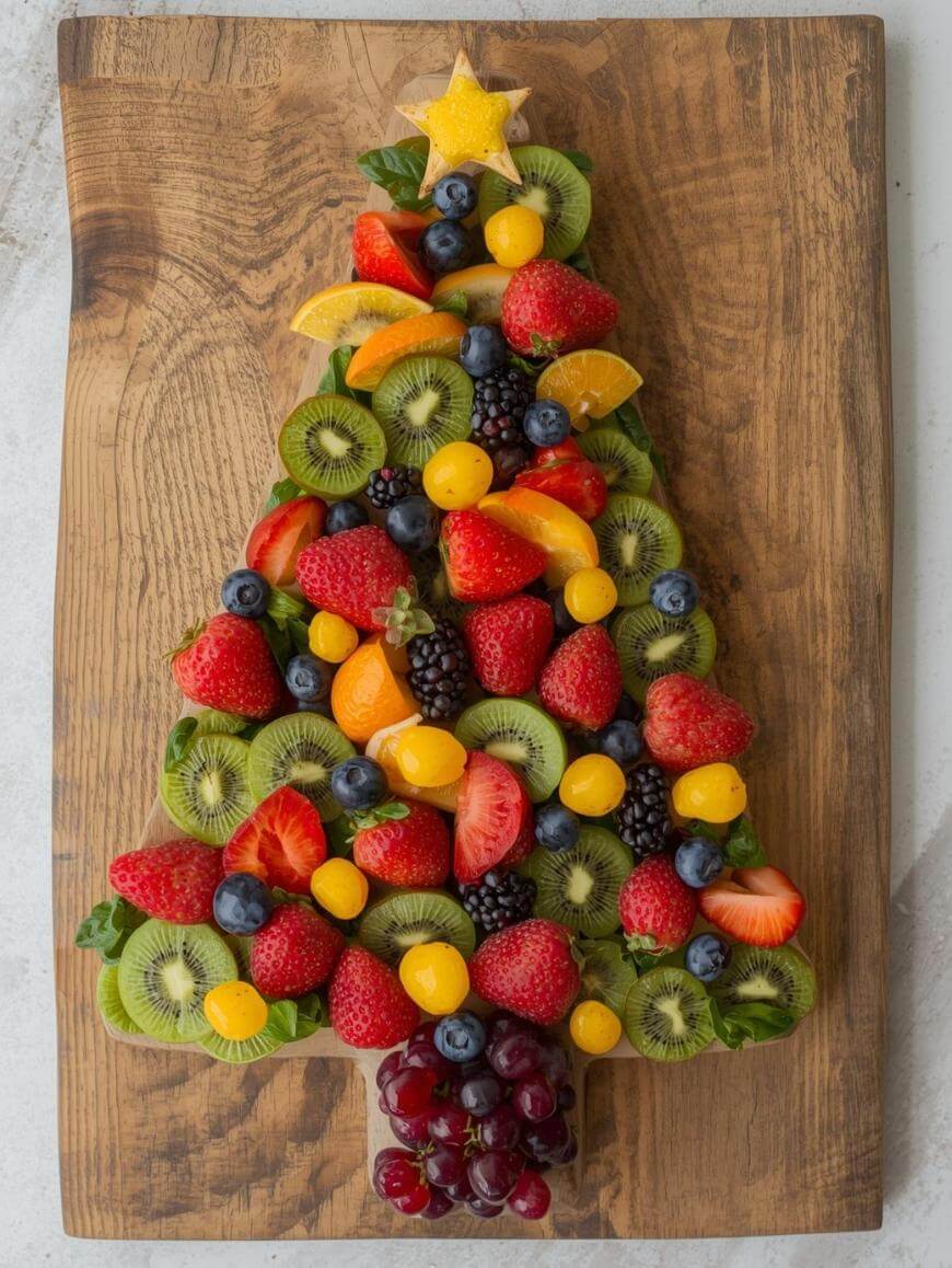 A variety of colorful fruits, including strawberries, kiwi, blueberries, grapes, and orange slices, are arranged on a wooden board in the shape of a Christmas tree, topped with a star-shaped fruit.