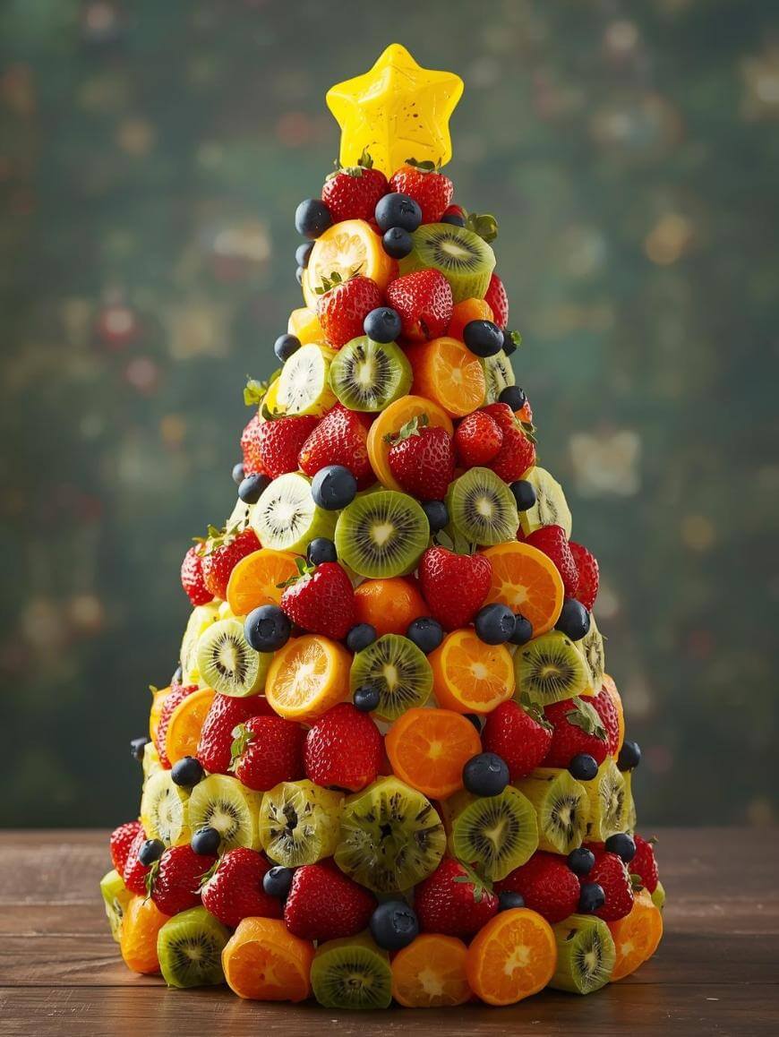 A Christmas tree-shaped arrangement made of fresh fruits, including strawberries, kiwi slices, blueberries, and orange slices, topped with a yellow star-shaped fruit. The background is softly blurred.
