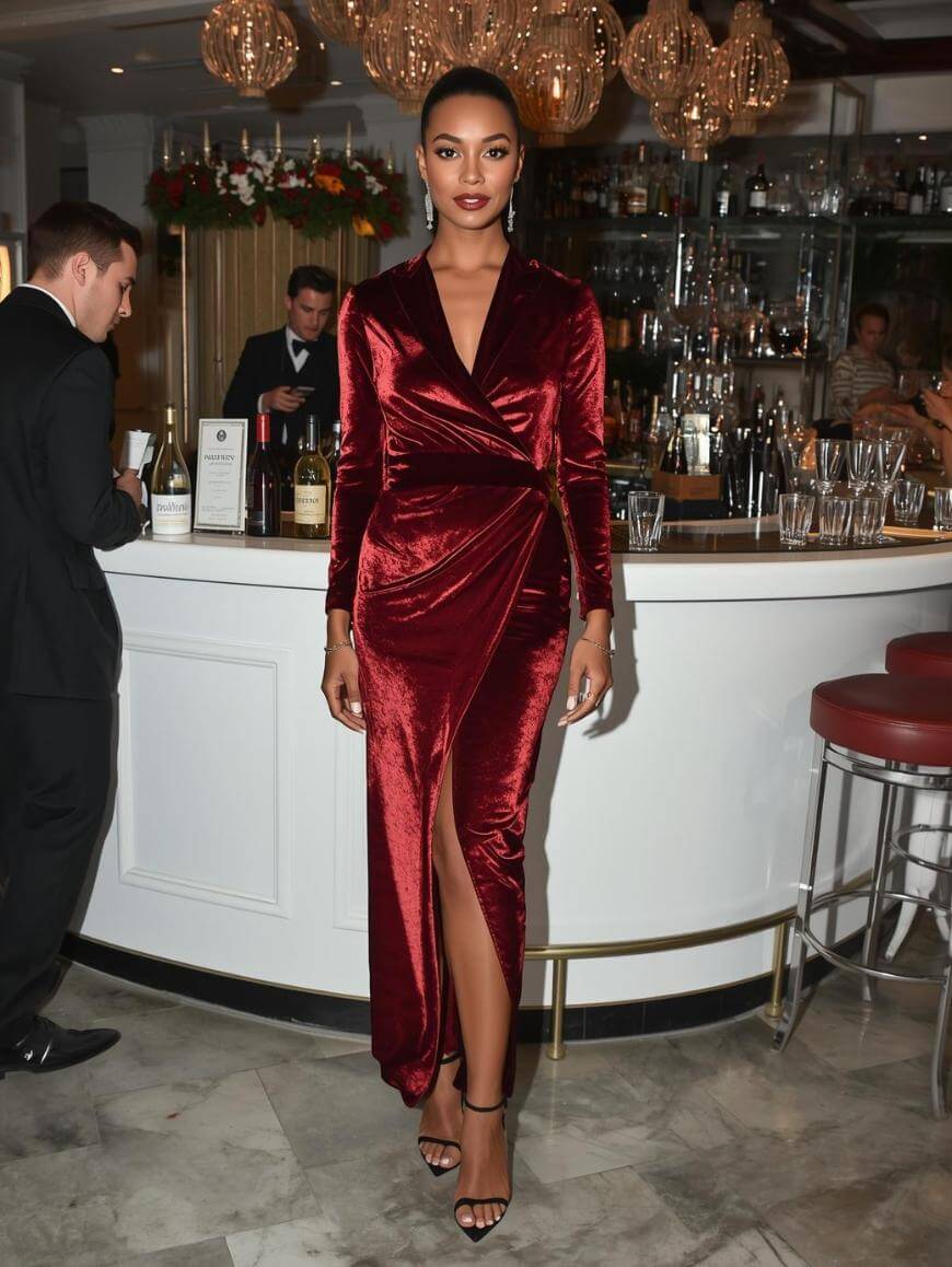 A woman in a deep red velvet wrap dress with a thigh-high slit stands in front of a bar, surrounded by bartenders and glassware, under elegant hanging lights.