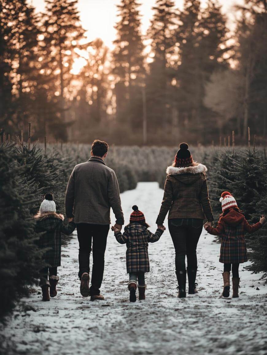 A family of four, dressed warmly in winter coats and hats, walks hand-in-hand down a snowy path lined with evergreen trees, with a forest and sunset in the background.