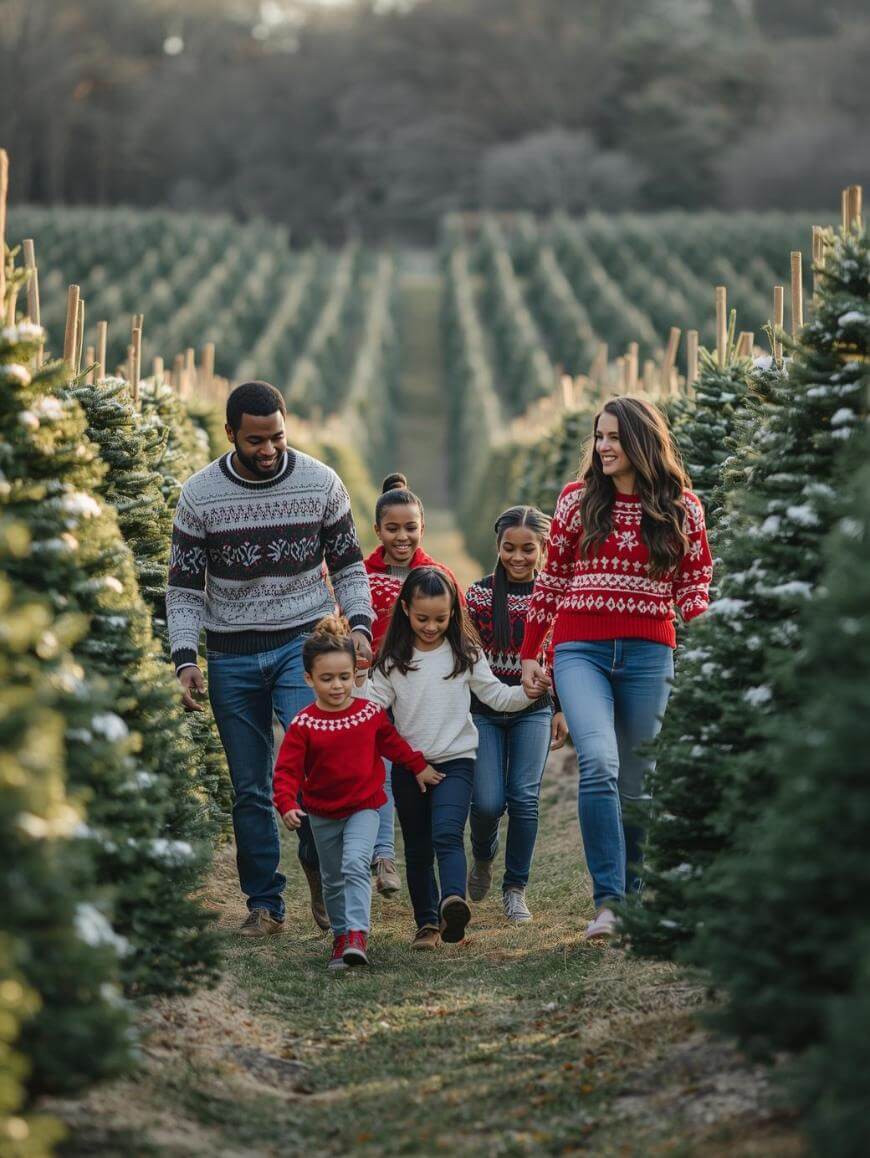 A family of six, wearing festive sweaters, walks together through a Christmas tree farm. The parents and four children smile and hold hands among rows of green, snow-dusted trees on a clear day.
