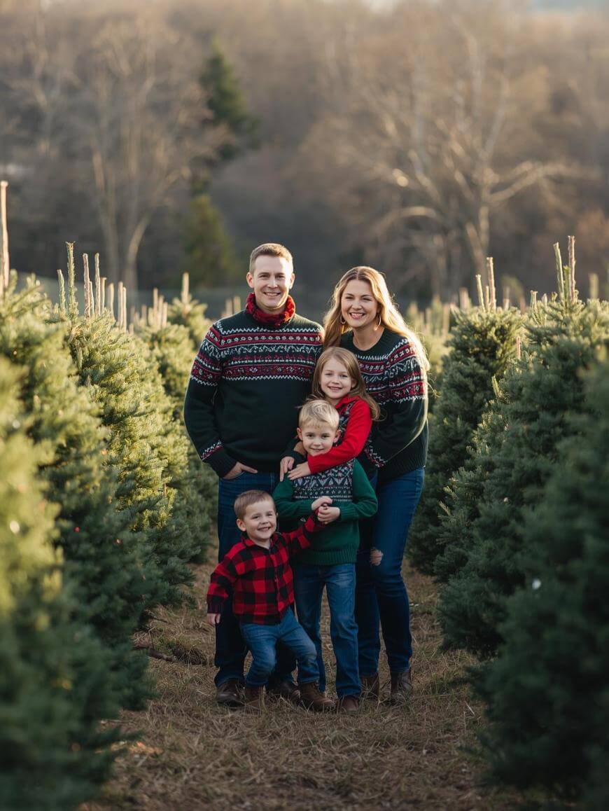 A family of five, wearing festive sweaters and jeans, smiles while standing among rows of evergreen trees outdoors. Three children stand in front of two adults. The background shows leafless trees and a soft, sunset glow.