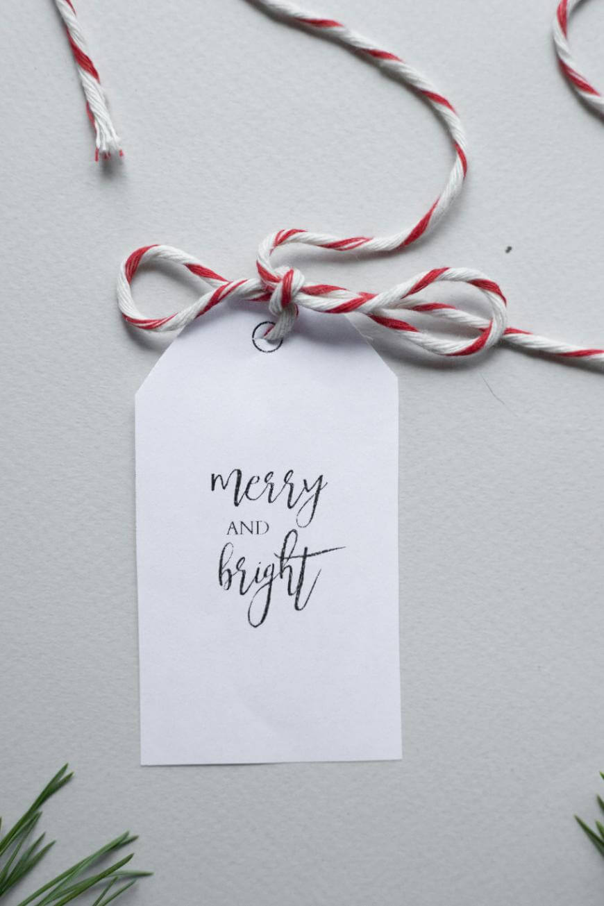 A white gift tag with merry and bright written in cursive is tied with red and white twine, resting on a light gray surface. Pine needles are partially visible in the bottom left corner.