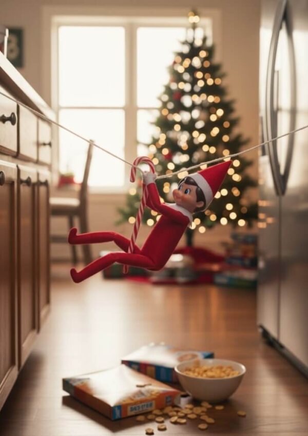 A toy elf in a red outfit swings on a string with a candy cane in a kitchen, with a decorated Christmas tree and cereal boxes visible in the background.