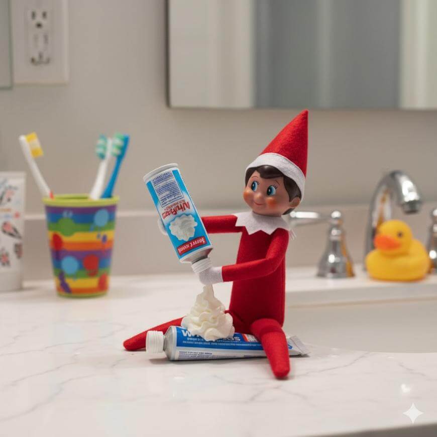 An elf doll sits on a bathroom counter, squeezing toothpaste out of a tube to make a pile. There are toothbrushes in a colorful cup and a rubber duck by the sink in the background.