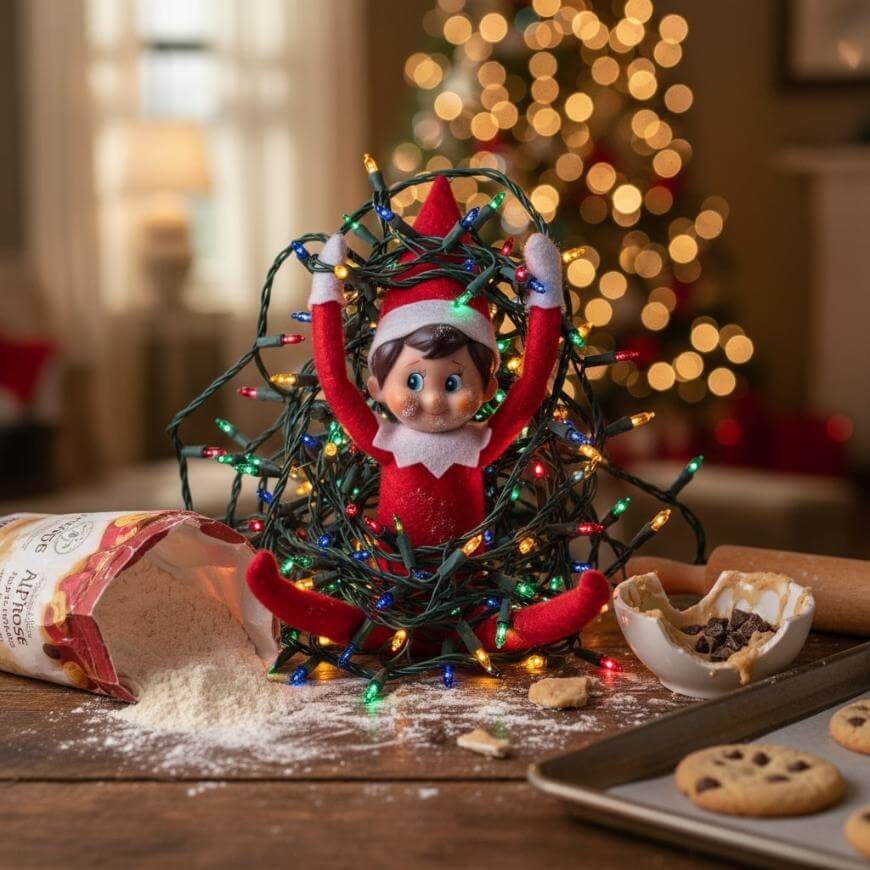An Elf on the Shelf doll sits tangled in colorful Christmas lights on a kitchen counter, surrounded by baking ingredients, cookies, and a blurred Christmas tree in the background.