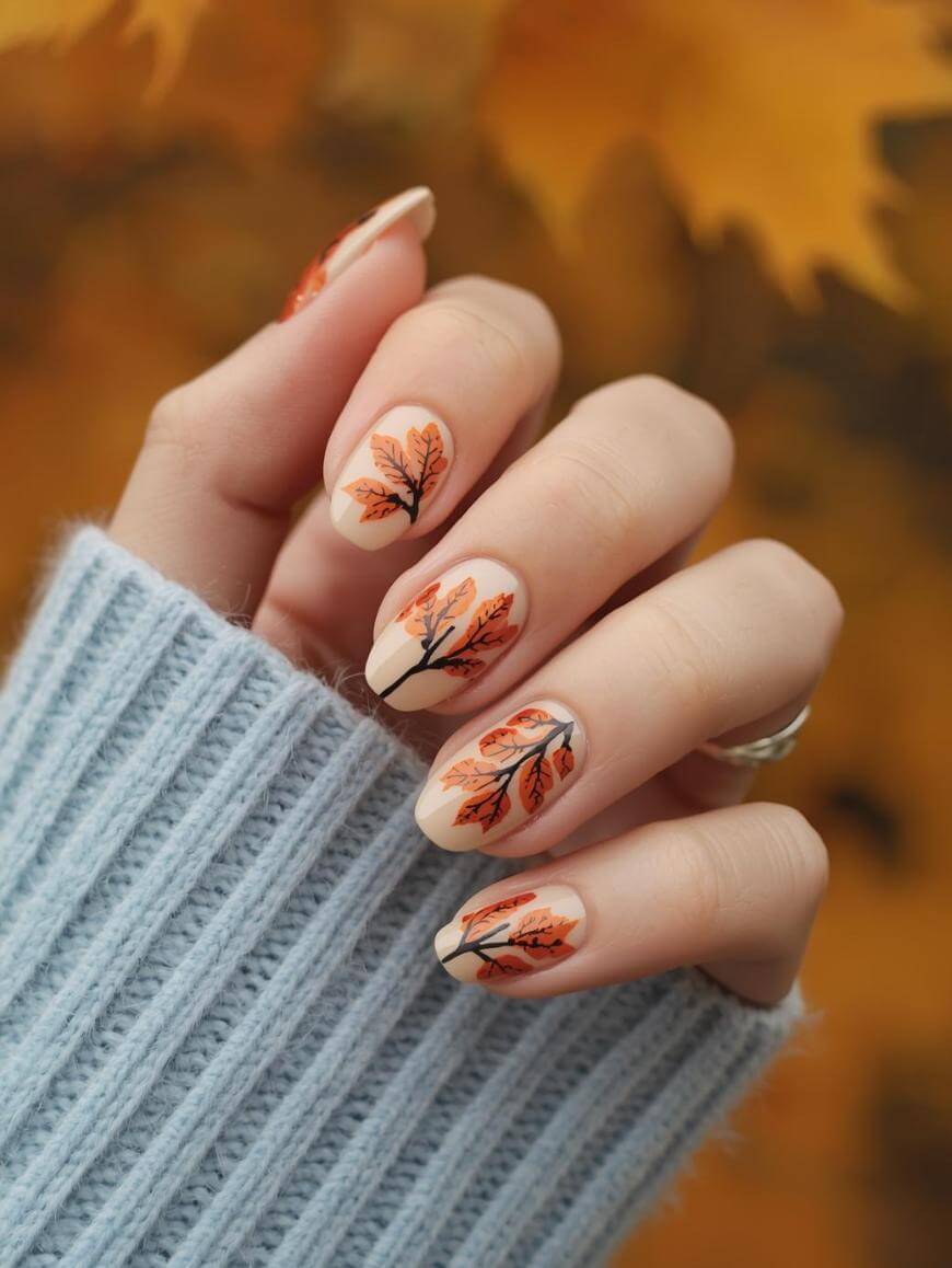 A hand with manicured nails painted nude and decorated with detailed orange and black autumn leaf designs, wearing a light blue ribbed sweater, with a blurred fall foliage background.