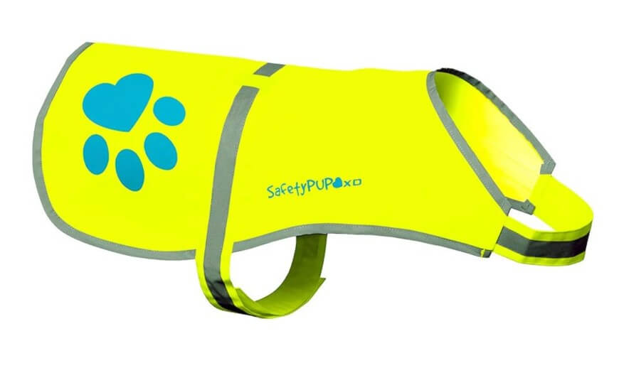 A bright yellow dog safety vest with reflective gray trim, a blue paw print on the side, and the text “SafetyPUP” printed on it. The vest has adjustable straps for securing around the dog’s body.